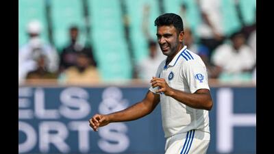 India's Ravichandran Ashwin celebrates after taking the wicket of England's Zak Crawley, his 500th Test wicket, during the second day of the third Test cricket match between India and England at the Niranjan Shah Stadium in Rajkot on Saturday. (AFP) India's Ravichandran Ashwin celebrates after taking the wicket of England's Zak Crawley, his 500th Test wicket, during the second day of the third Test cricket match between India and England at the Niranjan Shah Stadium in Rajkot on Saturday. (AFP)