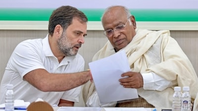 Congress President Mallikarjun Kharge and party leader Rahul Gandhi at AICC headquarters in New Delhi. (ANI) Congress President Mallikarjun Kharge and party leader Rahul Gandhi at AICC headquarters in New Delhi. (ANI)