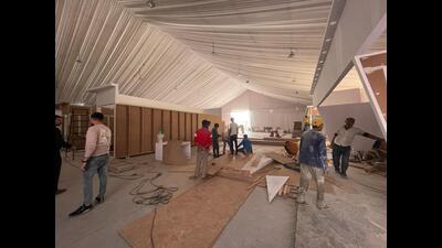Men at work at the exhibition venue of GBC 4.0 venue in Lucknow on Friday (HT) Men at work at the exhibition venue of GBC 4.0 venue in Lucknow on Friday (HT)