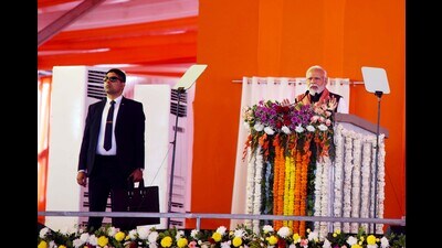 Modi said India had touched new heights in the world and it was made possible because of people’s blessings. (Parveen Kumar/HT)