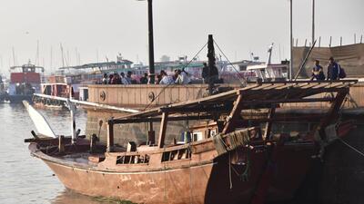 Mumbai, India – Feb 07, 2024: A boat from Kuwait in the Arabian Sea near the Gateway of India where three people on board, they are handed over to the Colaba Police, in Mumbai, India, on Wednesday, Feb 07, 2024. (Photo by Bhushan Koyande/HT Photo) Mumbai, India – Feb 07, 2024: A boat from Kuwait in the Arabian Sea near the Gateway of India where three people on board, they are handed over to the Colaba Police, in Mumbai, India, on Wednesday, Feb 07, 2024. (Photo by Bhushan Koyande/HT Photo)
