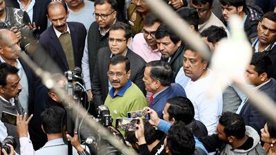 New Delhi, India - February 16, 2024: Delhi Chief Minister Arvind Kejriwal met with local residents at the site of a paint godown that caught fire last night, resulting in the death of 11 people in Alipur, in New Delhi on Friday, February 16, 2024. (Photo by Raj K Raj/Hindustan Times) (Hindustan Times) New Delhi, India - February 16, 2024: Delhi Chief Minister Arvind Kejriwal met with local residents at the site of a paint godown that caught fire last night, resulting in the death of 11 people in Alipur, in New Delhi on Friday, February 16, 2024. (Photo by Raj K Raj/Hindustan Times) (Hindustan Times)