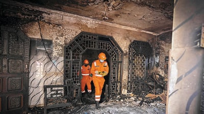 NDRF team at the site of a paint godown that caught fire last night, resulting in the death of 11 people in Alipur, in New Delhi on Friday, February 16, 2024. (Raj K Raj/HT Photo) NDRF team at the site of a paint godown that caught fire last night, resulting in the death of 11 people in Alipur, in New Delhi on Friday, February 16, 2024. (Raj K Raj/HT Photo)
