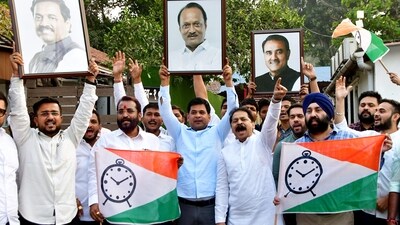 Mumbai: NCP workers celebrate after the NCP MLAs disqualification case verdict, at the party office, in Mumbai, Thursday, Feb. 15, 2024. (PTI) Mumbai: NCP workers celebrate after the NCP MLAs disqualification case verdict, at the party office, in Mumbai, Thursday, Feb. 15, 2024. (PTI)