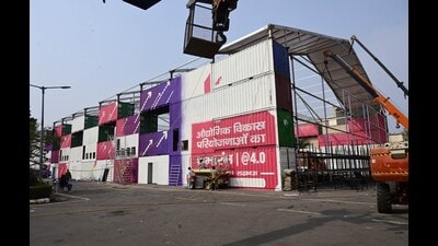 Preparations under way for the breaking ceremony at IGP in Lucknow. (HT)