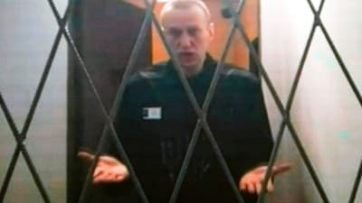 Russian opposition leader Alexei Navalny appears via a video link from the Arctic penal colony. (AP)