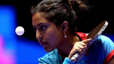 India's Ayhika Mukherjee in action. (Reuters)