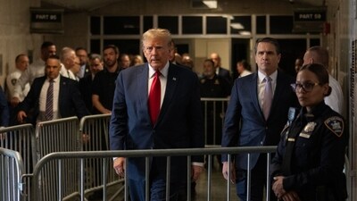 Former US President Donald Trump, center left, arrives at New York State Supreme Court in New York, US, on Thursday, Feb. 15, 2024. (Bloomberg) Former US President Donald Trump, center left, arrives at New York State Supreme Court in New York, US, on Thursday, Feb. 15, 2024. (Bloomberg)