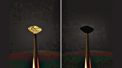 To test the properties of the new blackest black – the successor to Vantablack, a coating created at MIT – the artist Diemut Strebe used it to cover a 16.78-carat yellow diamond in it, in 2019. The Redemption of Vanity was an attempt to make the most reflective material known to man, this one valued at $2 million, disappear. And, as one can see above, it did. (Diemut Strebe) To test the properties of the new blackest black – the successor to Vantablack, a coating created at MIT – the artist Diemut Strebe used it to cover a 16.78-carat yellow diamond in it, in 2019. The Redemption of Vanity was an attempt to make the most reflective material known to man, this one valued at $2 million, disappear. And, as one can see above, it did. (Diemut Strebe)