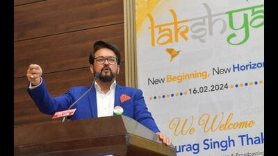 Union minister for information and broadcasting and youth affairs and sports Anurag Thakur addresses the annual GIB meeting ‘Lakshya’, in New Delhi, Friday. (PTI) Union minister for information and broadcasting and youth affairs and sports Anurag Thakur addresses the annual GIB meeting ‘Lakshya’, in New Delhi, Friday. (PTI)