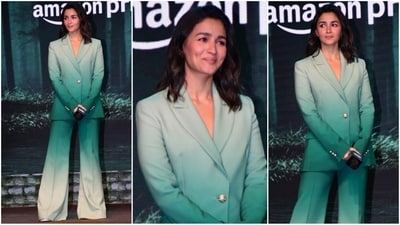 Alia Bhatt turned heads in stunning pantsuit look featuring a captivating ombre pattern. (HT Photo/VarinderChawla) Alia Bhatt turned heads in stunning pantsuit look featuring a captivating ombre pattern. (HT Photo/VarinderChawla)