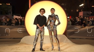 Timothee Chalamet, left, and Zendaya pose for photographers. The new film picks up where 2021's Dune left off. Chalamet's Paul Atreides unites with Zendaya's Chani and the Fremen in order to seek revenge against those who killed his family members. (Vianney Le Caer/Invision/AP) Timothee Chalamet, left, and Zendaya pose for photographers. The new film picks up where 2021's Dune left off. Chalamet's Paul Atreides unites with Zendaya's Chani and the Fremen in order to seek revenge against those who killed his family members. (Vianney Le Caer/Invision/AP)