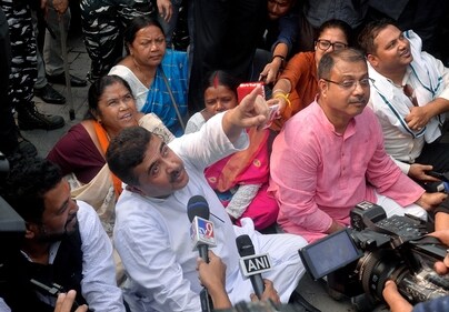 North 24 Parganas, Feb 15 (ANI): Leader of Opposition in West Bengal Assembly Suvendu Adhikari speaks to the media with Bharatiya Janata Party (BJP) legislators after the police barred him from entering Sandeshkhali to meet the victims of the violence, in North 24 Parganas on Thursday. (ANI Photo) (Saikat Paul) North 24 Parganas, Feb 15 (ANI): Leader of Opposition in West Bengal Assembly Suvendu Adhikari speaks to the media with Bharatiya Janata Party (BJP) legislators after the police barred him from entering Sandeshkhali to meet the victims of the violence, in North 24 Parganas on Thursday. (ANI Photo) (Saikat Paul)