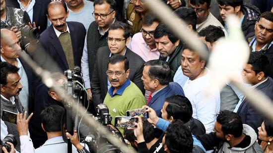 New Delhi, India - February 16, 2024: Delhi Chief Minister Arvind Kejriwal met with local residents at the site of a paint godown that caught fire last night, resulting in the death of 11 people in Alipur, in New Delhi on Friday, February 16, 2024. (Photo by Raj K Raj/Hindustan Times) (Hindustan Times)