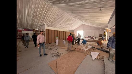 The exhibition corner of GBC 4.0 being readied on Friday (HT)
