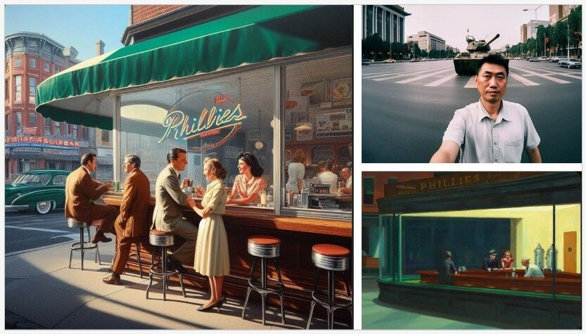 Above, X user @soncharm’s reimagining of Edward Hopper’s Nighthawks, and the original painting. Top right, a man takes a selfie against tanks at Tiananman Square, in an AI-led take on the iconic news photograph from 1989.