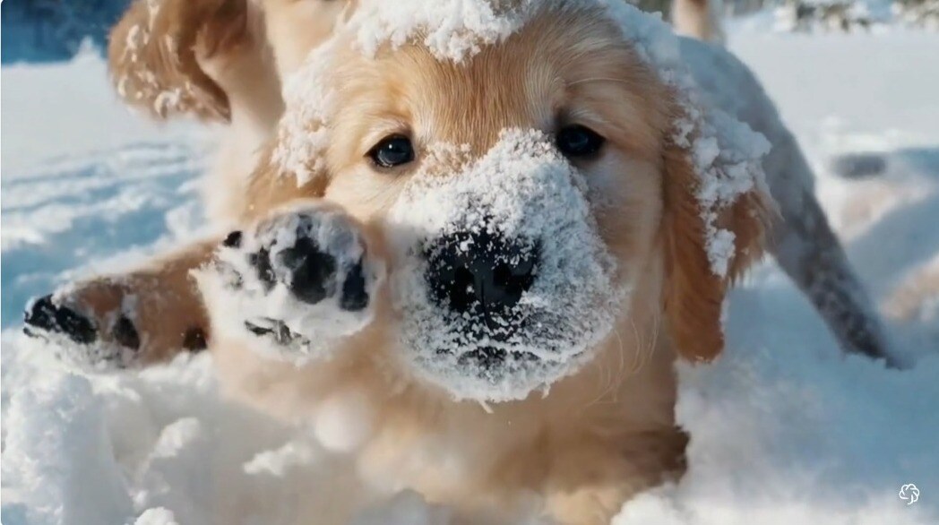 A still from a Sora video, created by the AI program in response to the prompt: Golden retriever puppies playing in the snow.