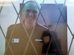 This photo taken from video released by the Russian Federal Penitentiary Service via SOTAVISION shows Russian opposition leader Alexei Navalny via a video link from the Arctic penal colony in Kharp on Feb. 15.