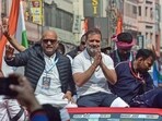 Congress leader Rahul Gandhi with Uttar Pradesh party president Ajay Rai during the 'Bharat Jodo Nyay Yatra', in Varanasi on Saturday. (ANI Photo)