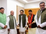 Madhya Pradesh Chief Minister Mohan Yadav, Speaker Narendra Singh Tomar, senior Congess leader Kamal Nath, Ministers Kailash Vijaywargiya and Prahlad Patel on the first day of the Budget session, in Bhopal, Wednesday, Feb. 7, 2024.