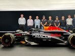 Chief engineer Paul Monaghan, Chief Technical Officer Adrian Newey, Red Bull's Max Verstappen, Team principal Christian Horner, Red Bull's Sergio Perez and Technical Director Pierre Wache REUTERS/Alan Baldwin
