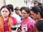 North 24 Parganas: Union Minister Annapurna Devi with BJP leader Agnimitra Paul and others interacts with the media after being stopped by the police from visiting Sandeshkhali village. North 24 Parganas: Union Minister Annapurna Devi with BJP leader Agnimitra Paul and others interacts with the media after being stopped by the police from visiting Sandeshkhali village.