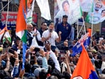 Congress leader Rahul Gandhi addresses supporters during the Bharat Jodo Nyay Yatra, in Varanasi, Saturday