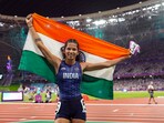 India's Jyothi Yarraji during the 19th Asian Games in Hangzhou
