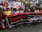 Citizens staged protest against Trinamool Congress (TMC) run State Government over violence against women in Sandeshkhali of North 24 Parganas district at Hazra in Kolkata, India, on Thursday, February 15, 2024.  (Photo by Samir Jana/ Hindustan Times)