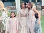 Shahid Kapoor's wife Mira Rajput and kids Misha, Zain at a wedding. Shahid Kapoor's wife Mira Rajput and kids Misha, Zain at a wedding.