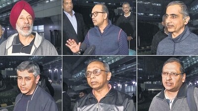 A combination of pictures shows the ex-Indian Navy veterans, who were in custody in Qatar, at the Delhi airport on Monday. (ANI) A combination of pictures shows the ex-Indian Navy veterans, who were in custody in Qatar, at the Delhi airport on Monday. (ANI)