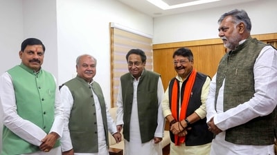 Speaker of the Madhya Pradesh Legislative Assembly Narendra Singh Tomar with senior Congress leader Kamal Nath, Chief Minister Mohan Yadav, and Ministers Kailash Vijaywargiya and Prahlad Patel on the first day of the budget session of the State Assembly last week. (ANI file photo) Speaker of the Madhya Pradesh Legislative Assembly Narendra Singh Tomar with senior Congress leader Kamal Nath, Chief Minister Mohan Yadav, and Ministers Kailash Vijaywargiya and Prahlad Patel on the first day of the budget session of the State Assembly last week. (ANI file photo)