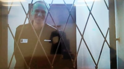This photo taken from video released by the Russian Federal Penitentiary Service via SOTAVISION shows Russian opposition leader Alexei Navalny via a video link from the Arctic penal colony in Kharp on Feb. 15. (AP)