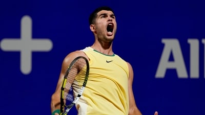 Carlos Alcaraz, of Spain, celebrates a point during an Argentina Open ATP quarterfinal tennis match against Andrea Vavassori (AP) Carlos Alcaraz, of Spain, celebrates a point during an Argentina Open ATP quarterfinal tennis match against Andrea Vavassori (AP)