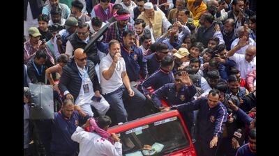 Congress leader Rahul Gandhi acknowledges supporters during the ‘Bharat Jodo Nyay Yatra’, in Varanasi, Saturday (PTI)