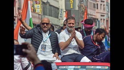 Congress leader Rahul Gandhi with Uttar Pradesh party president Ajay Rai during the 'Bharat Jodo Nyay Yatra', in Varanasi on Saturday. (ANI Photo) (Anand Prashad)