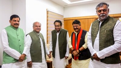 Madhya Pradesh Chief Minister Mohan Yadav, Speaker Narendra Singh Tomar, senior Congess leader Kamal Nath, Ministers Kailash Vijaywargiya and Prahlad Patel on the first day of the Budget session, in Bhopal, Wednesday, Feb. 7, 2024. (PTI) Madhya Pradesh Chief Minister Mohan Yadav, Speaker Narendra Singh Tomar, senior Congess leader Kamal Nath, Ministers Kailash Vijaywargiya and Prahlad Patel on the first day of the Budget session, in Bhopal, Wednesday, Feb. 7, 2024. (PTI)