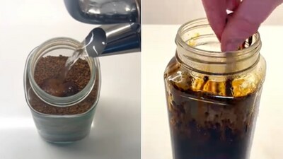 The image shows a man making a cup of coffee using a jar filled with coffee powder. (Instagram/@interesting_for_everyone_)
