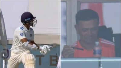 Yashasvi Jaiswal attempts a reverse-sweep for four; Rahul Dravid passes a wry smile (BCCI.tv) Yashasvi Jaiswal attempts a reverse-sweep for four; Rahul Dravid passes a wry smile (BCCI.tv)