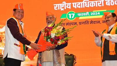 PM Modi at the BJP headquarters in New Delhi on Saturday (Twitter/@BJP4India) PM Modi at the BJP headquarters in New Delhi on Saturday (Twitter/@BJP4India)