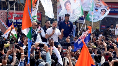 Congress leader Rahul Gandhi addresses supporters during the Bharat Jodo Nyay Yatra, in Varanasi, Saturday (PTI)