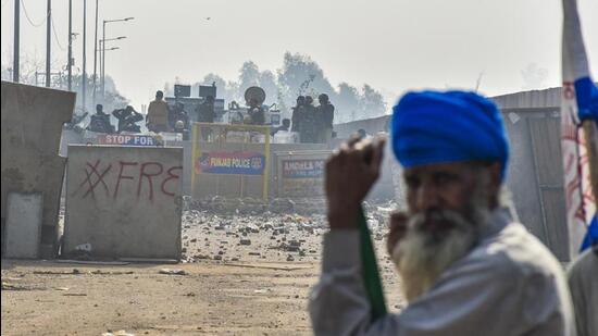 A farmer on protest at Shambhu on the Punjab-Haryana border on Saturday. (PTI Photo)
