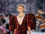 A model displays a creation by Paul Costelloe, at The Lindley Hall, Royal Horticultural Halls, during London Fashion Week 2024. A model displays a creation by Paul Costelloe, at The Lindley Hall, Royal Horticultural Halls, during London Fashion Week 2024.