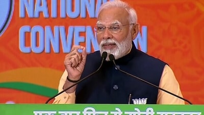 Prime Minister Narendra Modi addresses the second day of BJP's National Convention, at Bharat Mandapam, in New Delhi on Sunday. (ANI) Prime Minister Narendra Modi addresses the second day of BJP's National Convention, at Bharat Mandapam, in New Delhi on Sunday. (ANI)