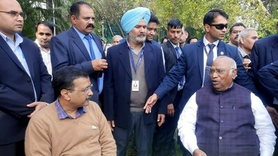 Congress president Mallikarjun Kharge with Delhi Chief Minister Arvind Kejriwal during a meeting, at Congress leader Abhishek Manu Singhvi's residence in New Delhi on Sunday. (ANI) Congress president Mallikarjun Kharge with Delhi Chief Minister Arvind Kejriwal during a meeting, at Congress leader Abhishek Manu Singhvi's residence in New Delhi on Sunday. (ANI)