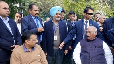 Congress president Mallikarjun Kharge with Delhi Chief Minister Arvind Kejriwal during a meeting, at Congress leader Abhishek Manu Singhvi's residence in New Delhi on Sunday. (ANI Photo) Congress president Mallikarjun Kharge with Delhi Chief Minister Arvind Kejriwal during a meeting, at Congress leader Abhishek Manu Singhvi's residence in New Delhi on Sunday. (ANI Photo)
