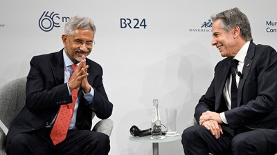 US secretary of state Antony Blinken, right, speaks with external affairs minister Subrahmanyam Jaishankar during a panel discussion at the Munich Security Conference (MSC) in Germany, (AP) US secretary of state Antony Blinken, right, speaks with external affairs minister Subrahmanyam Jaishankar during a panel discussion at the Munich Security Conference (MSC) in Germany, (AP)