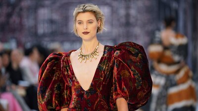 A model displays a creation by Paul Costelloe, at The Lindley Hall, Royal Horticultural Halls, during London Fashion Week 2024. (AP) A model displays a creation by Paul Costelloe, at The Lindley Hall, Royal Horticultural Halls, during London Fashion Week 2024. (AP)