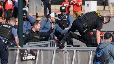 Law enforcement personnel clear the area around Union Station following a shooting at the Kansas City Chiefs NFL football Super Bowl celebration in Kansas City, Mo., Wednesday, Feb. 14, 2024. (AP Photo/Reed Hoffmann, File) (AP) Law enforcement personnel clear the area around Union Station following a shooting at the Kansas City Chiefs NFL football Super Bowl celebration in Kansas City, Mo., Wednesday, Feb. 14, 2024. (AP Photo/Reed Hoffmann, File) (AP)