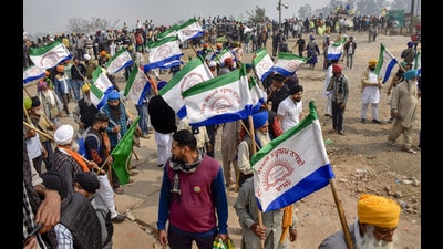 Farmers at the Punjab-Haryana Shambhu border during their 'Delhi Chalo' protest, near Patiala district, on Sunday. Farmers and khap leaders in Jind’s Gogrian village held a meeting and announced to start a march towards Delhi’s Singhu and Tikri borders. (PTI) Farmers at the Punjab-Haryana Shambhu border during their 'Delhi Chalo' protest, near Patiala district, on Sunday. Farmers and khap leaders in Jind’s Gogrian village held a meeting and announced to start a march towards Delhi’s Singhu and Tikri borders. (PTI)